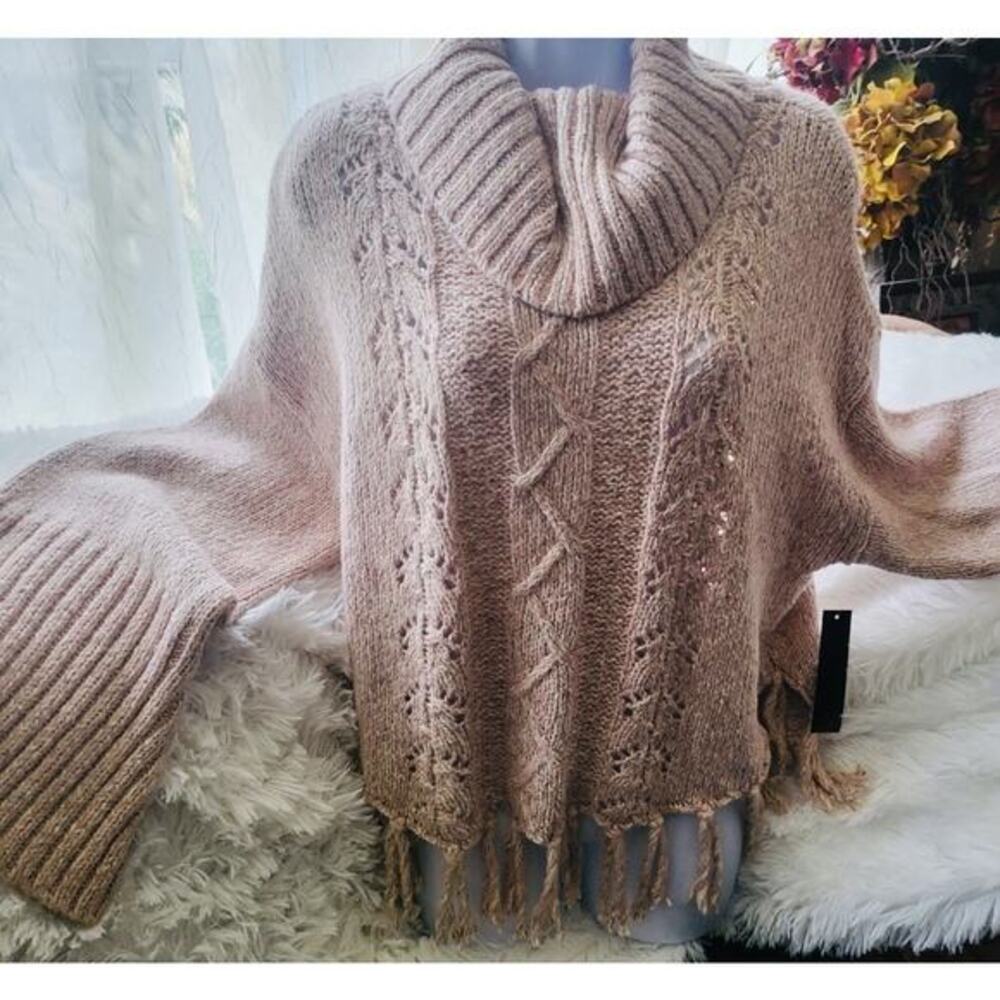 VENUS Sweater Turtle Cowl Neck Knit Ribbed Bell Sleeve Fringe Hem Cozy Warm NWT